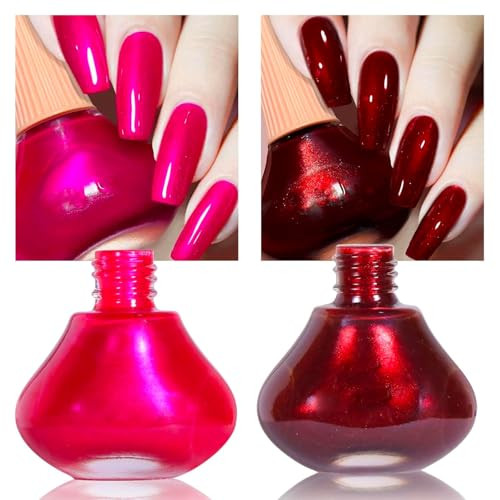 Cosmoo Hot Pink With Wine Red 2Pcs Nail Polish 12Ml Quick Dry Nail Lacquer Super Lustrous Nail Enamel Polish Shimmer Iridescent Ultrachrome Nail Art Varnish 0.41 Fl Oz/Pcs (Hot Pink + Wine Red)