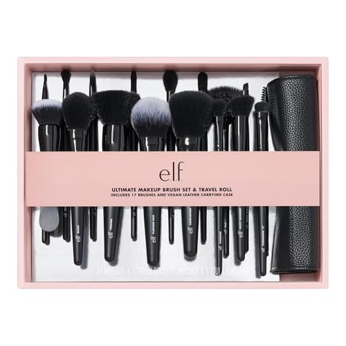 E.L.F. Ultimate Makeup Brush Set & Travel Roll 17-Piece Brush Kit Brushes For Eyeshadow Foundation Powder Concealer & More Vegan & Cruelty-