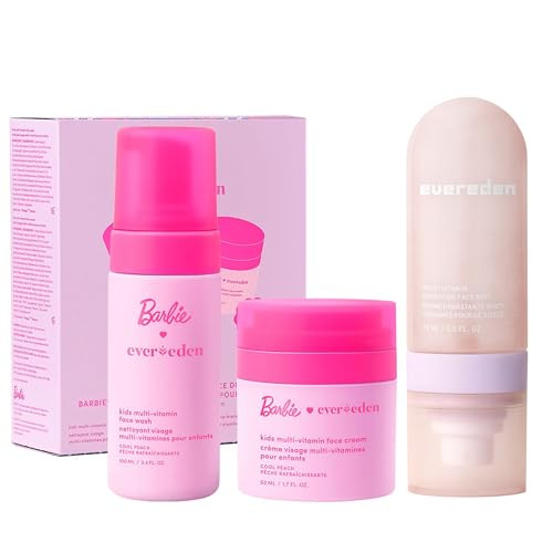 Evereden Happy Face Duo Barbie Edition & Multi-Vitamin Hydrating Mist Set: Multi-Vitamin Kids Face Wash & Cream Preppy Skincare Spray & Barbie  Bundle - Gentle Clean & Vegan