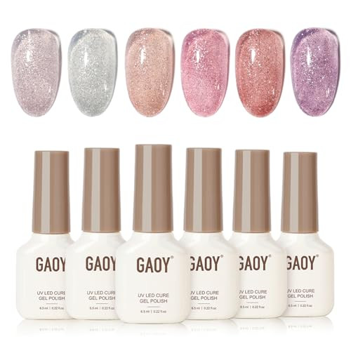 Gaoy Glitter Red Gel Nail Polish Set 6 Colors Pink Peach Reflective Sparkle Gel Soak Off Uv Light Cure For Manicure Art At Home Floral Hues