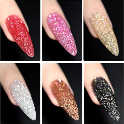 Gaoy Reflective Glitter Gel Nail Polish Set 6 Colors Including Pink Red Silver Holographic Gel Kit Uv Led Soak Off Nail Polish Home Diy Manicure Salon Varnish