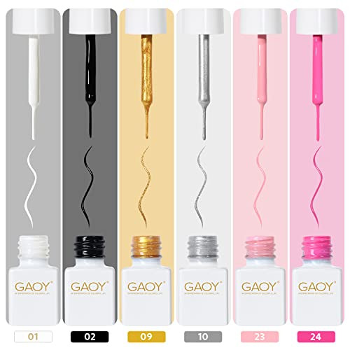 Gaoy Gel Nail Polish Art Liner 6 Classic Colors Black White Gold Silver For Nail Paint Design With Thin Brush Diy French Manicure And Pedicure At Home