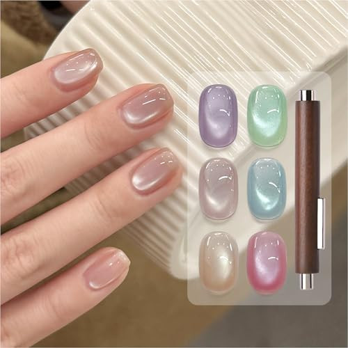 Gaoy 16Ml 6 Colors Sheer Cat Eye Gel Polish Set Light Pink Purple Shimmery Holographic Cat Eye Gel Nail Polish With 3 Heads Magnet Uv Lamp Cure For Nail Art Diy Velvet Moonlight