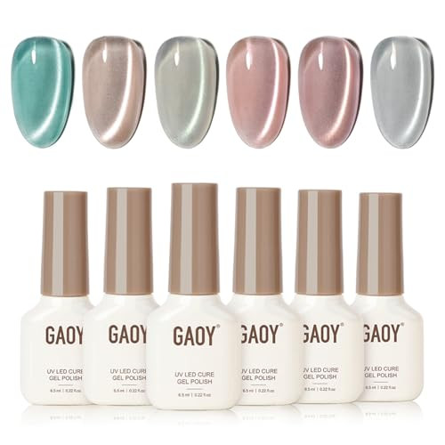 Gaoy Glassy Sheer Cat Eye Gel Polish Kit With Magnet 6 Colors Blue Green Glitter Holographic Nail Polish Set Uv Cure Gel For Diy Manicure At Home
