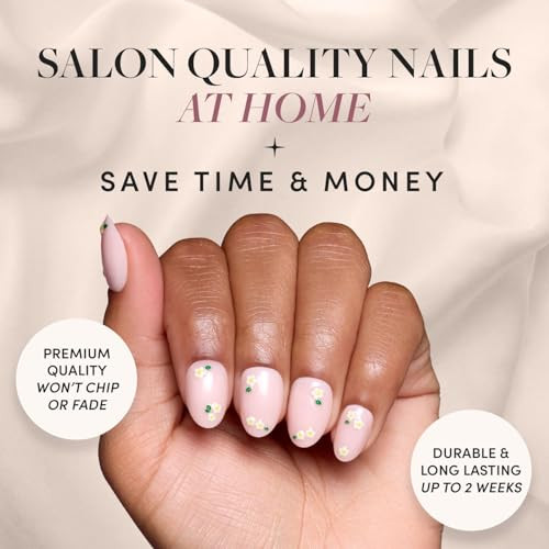 Glamnetic Press-On Nails Bundle - Petals & Fairy Dust  Short Oval Fake Nails With Floral Accents  Short Oval Beige-Pink False Nails With A Metallic Finish  Reusable Salon-Quality Nail Kits