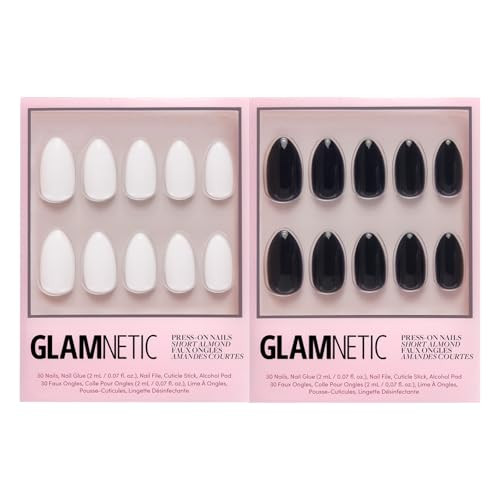 Glamnetic Press-On Nails Bundle - Angel & Boba  Opaque White Short Almond Nails  Opaque Black Short Almond Nails  Reusable Nail Kits