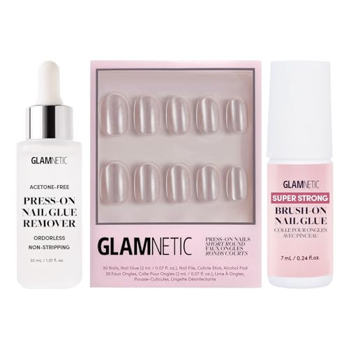 Glamnetic Press-On Nails - Pure Intentions  Super Strong Brush On Nail Glue & Nail Adhesive Tabs  Glossy Iridescent Short Round Nails  12 Sizes - 30 Nail Kit With Glue And Nail Tabs