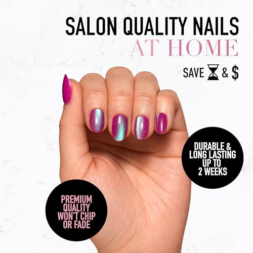 Glamnetic Press On Nails - Berry Fizz Short Oval With Brush On Glue And Remover  Magenta With Metallic Finish Reusable  15 Sizes - 30 Nail Kit