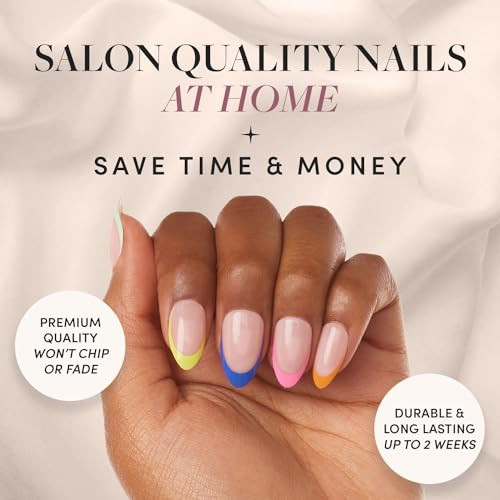 Glamnetic Press-On Nails - Sprinkles  Super Strong Brush On Nail Glue & Press-On Nail Remover  Glossy Short Almond Rainbow French Tip Nails  12 Sizes - 24 Nail Kit With Glue And Remover