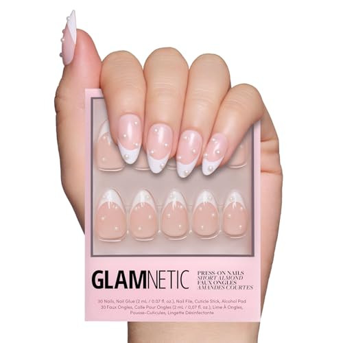Glamnetic Press On Nails - French Pearl  Glossy Short Almond French Tip Nails With 3D Accents Salon Quality  15 Sizes - 30 Nail Kit With Glue