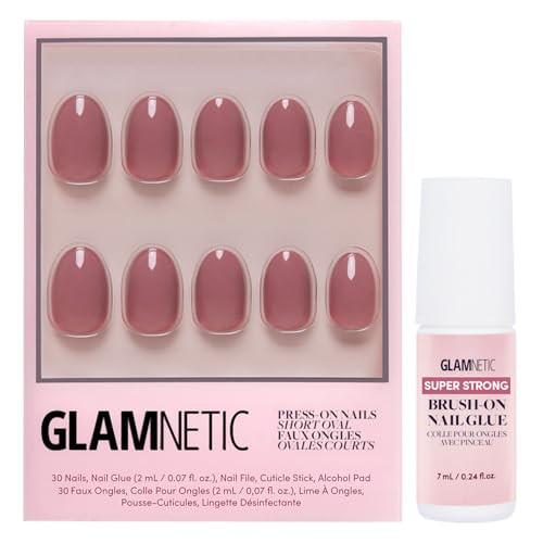 Glamnetic Press On Nails & Brush On Nail Glue Bundle - Fall Mauve  Opaque Muted Blush Mauve Short Oval False Nails Reusable  Super Strong Nail Glue  Mess- Durable & Long-Lasting
