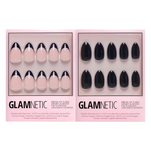 Glamnetic Press-On Nails Bundle - Caviar & Boba  Semi-Transparent Short Almond Nails Reusable  Opaque Black Short Almond Nails  Reusable Nail Kit With Glue