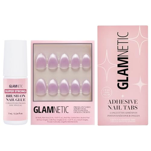 Glamnetic Press-On Nails - Fairy Dust  Super Strong Brush On Nail Glue & Nail Adhesive Tabs  Short Oval Beige-Pink Nails With A Velvet Metallic Finish  15 Sizes - 30 Nail Kit