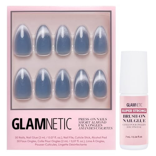 Glamnetic Press On Nails & Brush On Nail Glue Bundle - Baby Blues  Short Almond Pastel Blue Nails With A Mesmerizing Metallic Finish  15 Sizes - 30 Nail Ki