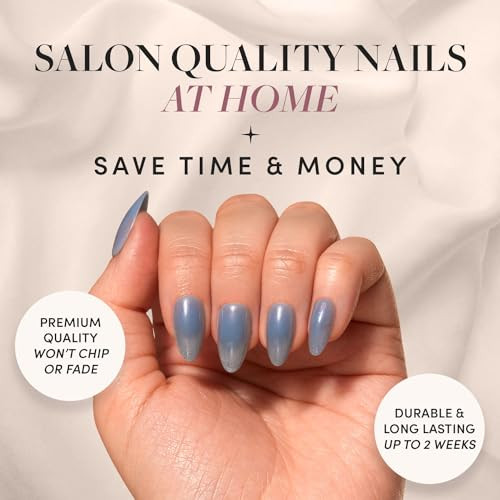 Glamnetic Press-On Nails Bundle - Baby Blues & Oslo  Short Almond Pastel Blue Nails With A Mesmerizing Metallic Finish  Short Almond Silver Shimmer Nails With A Cat Eye Finish  Reusable Nail Kits