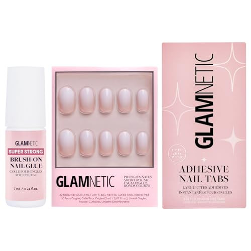 Glamnetic Press-On Nails - Creamer  Super Strong Brush On Nail Glue & Nail Adhesive Tabs  Neutral Ombre Short Round Nails  15 Sizes - 30 Nail Kit With Glue And Nail Tabs