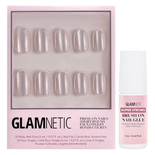 Glamnetic Press On Nails & Brush On Nail Glue Bundle - Pure Intentions  Glossy Iridescent Short Round Nails Reusable  12 Sizes - 30 Nail Kit With Glue