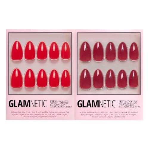 Glamnetic Press-On Nails Bundle - Fiery Red & Classic Red  Opaque Bright Red Short Almond Fake Nails  Opaque Cool Tone Timeless Red Short Almond False Nails  Reusable Salon-Quality Nail Kits