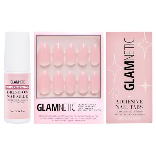 Glamnetic Press-On Nails - Cloud 9  Super Strong Brush On Nail Glue & Nail Adhesive Tabs  Medium Pointed Almond Pink Fake Nails With A Jelly Uv Finish  15 Sizes - 30 Nail Kit With Glue & Nail Tabs