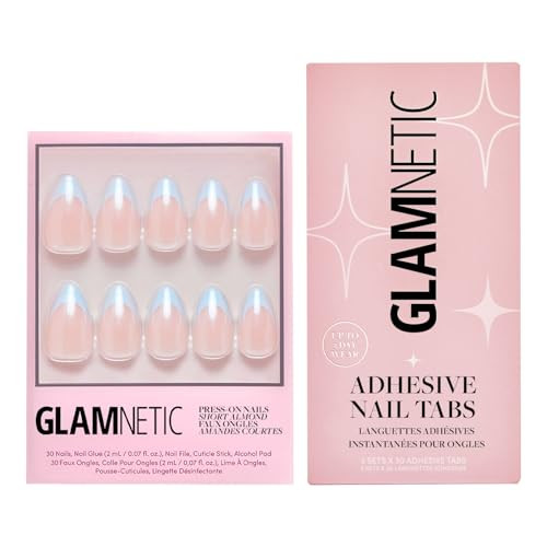 Glamnetic Press-On Nails & Adhesive Nail Tabs - Blueberry Icing  Short Almond Baby Blue French Tips With A Glazed Finish  15 Sizes - 30 Nail Kit With Adhesive Tabs