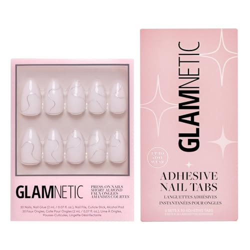 Glamnetic Press-On Nails & Adhesive Nail Tabs - Silent Night  Glossy Short Almond White Nails With 3D Silver Foil  15 Sizes - 30 Nail Kit With Adhesive Tabs