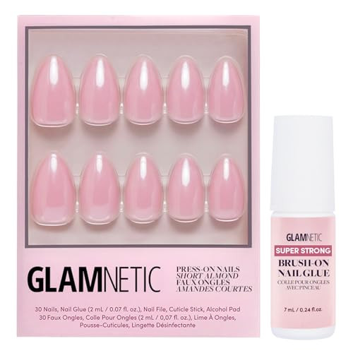 Glamnetic Press On Nails & Brush On Nail Glue Bundle - First Kiss  Glazed Short Almond Neutral Pink Nails Reusable  15 Sizes - 30 Nail Kit With Glue