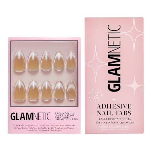 Glamnetic Press-On Nails & Adhesive Nail Tabs - Honey Bun  Nude Velvet Sparkly Short Almond Fake Nails  15 Sizes - 30 Nail Kit With Adhesive Tabs