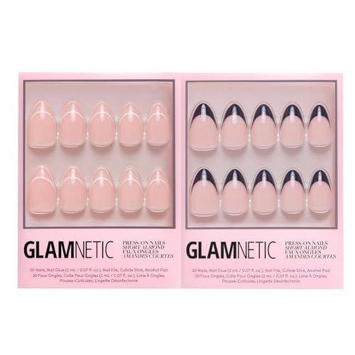 Glamnetic Press-On Nails Bundle - Heavenly & Caviar  Nude Trendy French Tip Short Almond Fake Nails  Short Almond Black French Tip False Nails  Reusable Salon-Quality Nail Kits