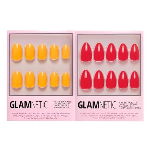 Glamnetic Press-On Nails Bundle - Sunset Orange & Fiery Red  Orange Short Round Fake Nails  Bright Red Short Almond False Nails  Reusable Salon-Quality Nail Kits
