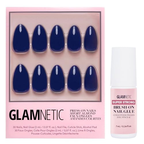 Glamnetic Press On Nails & Brush On Nail Glue Bundle - Midnight Blue  Dark Navy Blue Short Almond False Nails Reusable  15 Sizes - 30 Nail Kit With Glue