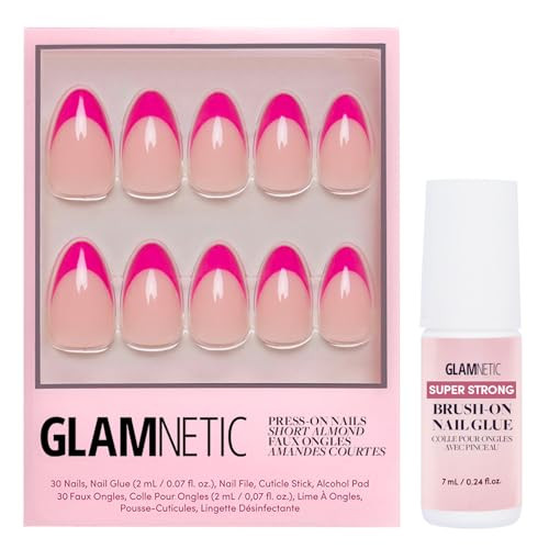 Glamnetic Press On Nails & Brush On Nail Glue Bundle - Raspberry Sorbet  Semi-Transparent Magenta Pink French Tip Short Almond False Nails Reusable  15 Sizes - 30 Nail Kit With Glue