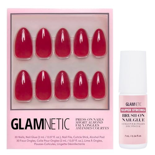 Glamnetic Press On Nails & Brush On Nail Glue Bundle - Classic Red  Opaque Timeless Red Short Almond Short False Nails Reusable  15 Sizes - 30 Nail Kit With Glue