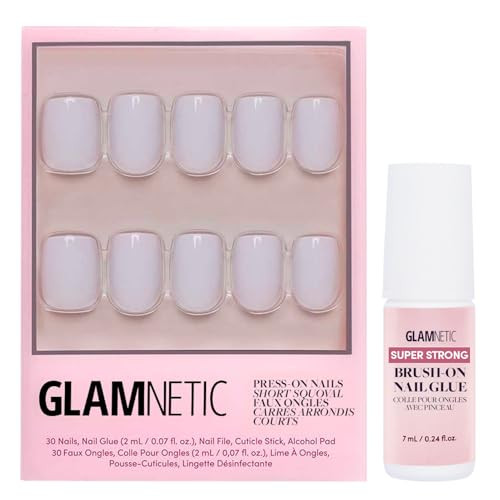 Glamnetic Press On Nails & Brush On Nail Glue Bundle - Lilac Gray  Opaque Pale Light Lilac Gray Short Squoval False Nails Reusable  15 Sizes - 30 Nail Kit With Glue