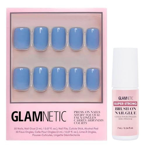 Glamnetic Press On Nails & Brush On Nail Glue Bundle - Cashmere Blue  Opaque Soft Blue Short Squoval False Nails Reusable  15 Sizes - 30 Nail Kit With Glue