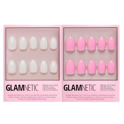 Glamnetic Press-On Nails Bundle - White Swan & Think Pink  Opaque Classic Off White Short Oval False Nails  Light Pastel Pink Short Oval Fake Nails  Reusable Salon-Quality Nail Kits