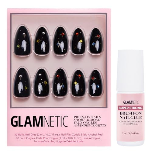 Glamnetic Press On Nails & Brush On Nail Glue Bundle - Winter Comet  Short Almond Black Nails With Gems Reusable  15 Sizes - 30 Nail Kit With Glue