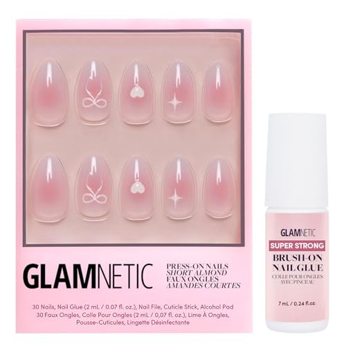 Glamnetic Press On Nails & Brush On Nail Glue Bundle - Lovers Knot  Short Almond Nude Fake Nails With Bow Accents Reusable  15 Sizes - 30 Nail Kit With Glue