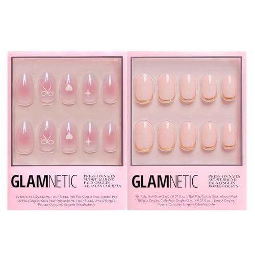 Glamnetic Press-On Nails Bundle - Lovers Knot & Goal Digger  Short Almond Nude Fake Nails With Bow Accents  Natural Short Round False Nails With Gold Foil  Reusable Salon-Quality Nail Kits