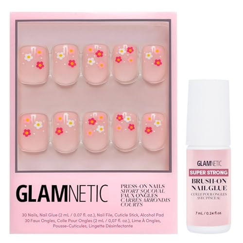 Glamnetic Press On Nails & Brush On Nail Glue Bundle - Pretty Bloom  Short Squoval Fake Nails With Flower Accents Reusable  15 Sizes - 30 Nail Kit With Glue