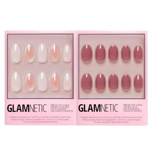 Glamnetic Press-On Nails Bundle - Lovey Dovey & Fall Mauve  Short Almond Fake Nails With Abstract Accents  Muted Blush Mauve Short Oval False Nails  Reusable Salon-Quality Nail Kits