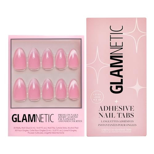 Glamnetic Press-On Nails & Adhesive Nail Tabs - Lovers Blush  Pink Short Almond Fake Nails With Glossy Velvet Finish  15 Sizes - 30 Nail Kit With Adhesive Tabs