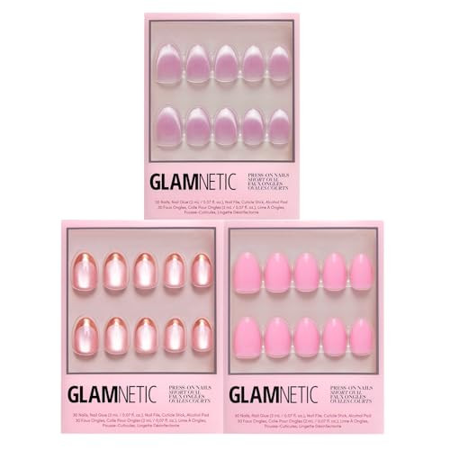 Glamnetic Press-On Nails Bundle - Caramel Apple Think Pink & Think  Short Sparkly French Tip Fake Nails  Light Pastel Fake Nails  Oval Beige-Pink False Nails With A