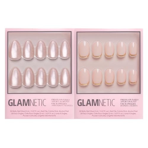 Glamnetic Press-On Nails Bundle - The Vow & Goal Digger  Short Almond Nude Fake Nails With A Glossy Velvet Finish  Natural Short Round False Nails With Gold Foil  Reusable Salon-Quality Nail Kits