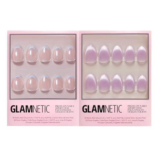Glamnetic Press-On Nails Bundle - Into Blue & Fairy Dust  Glazed Short Oval Fake Nails With Periwinkle French Tips  Short Oval Beige-Pink False Nails With A Metallic Finish  Reusable Salon-Quality