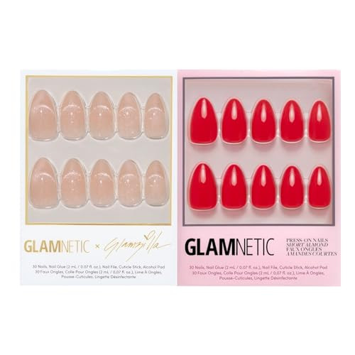 Glamnetic X Glamzilla Press-On Nails Bundle - Not Your Cinder-Ella & Fiery Red  Short Almond Nude Fake Nails With Velvet French Tip Effect  Bright Red Short Almond False Nails  Durable Salon-Quali