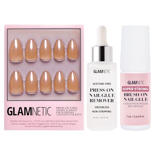Glamnetic Press-On Nails - Maple Glaze  Super Strong Brush On Nail Glue & Press-On Nail Remover  Short Almond Nude Brown Neutral Nails With Glaze Finish  15 Sizes - 30 Nail Kit With Glue And Remove