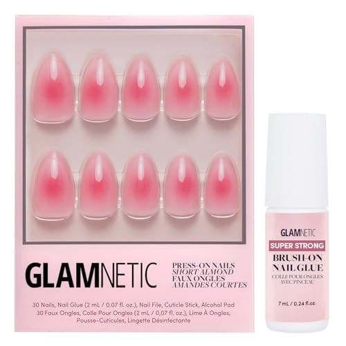 Glamnetic Press On Nails & Brush On Nail Glue Bundle - Blushing Aura  Pink Short Almond Fake Aura Nails Reusable  15 Sizes - 30 Nail Kit With Glue