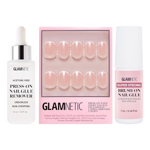 Glamnetic Press-On Nails - La Perle  Super Strong Brush On Nail Glue & Press-On Nail Remover  Squoval White Nails With French Tips  15 Sizes - 30 Nail Kit With Glue And Remover