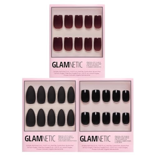 Glamnetic Press-On Nails Bundle - Cherry Mocha Red Bottom & Jet Black  Dark Red Medium Square Fake Nails With A Glossy Finish  Red Accent Dual Side Medium Almond Fake Nails  Short Squoval Black Fa