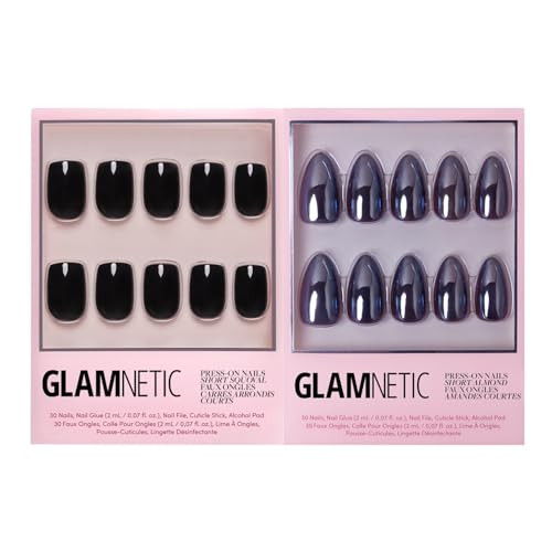 Glamnetic Press-On Nails Bundle - Jet Black & Burgundy Chrome  Short Squoval Black Fake Nails With A Glossy Finish  Short Almond Fake Nails With A Metallic Chrome Finish  Durable Salon-Quality Nai